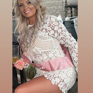 White REINHART FLORAL ASYMMETRICAL MESH DRESS WHITE